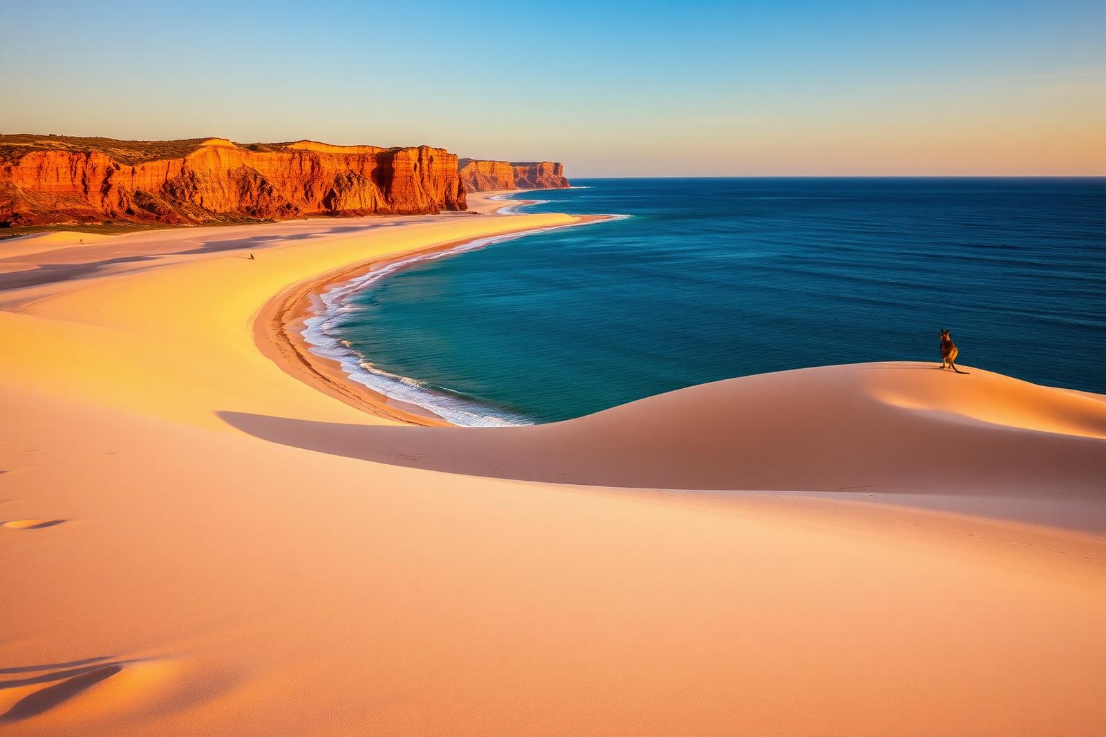 The Eyre Peninsula coastline at sunset — red-earth cliffs, long white beaches and the deep blue Southern Ocean.